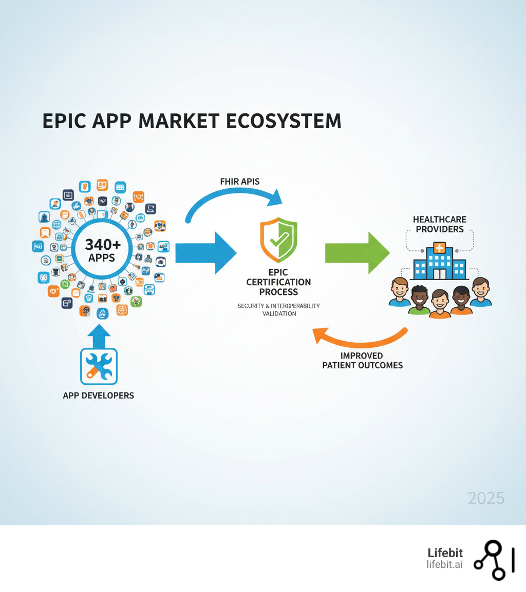 Infographic showing Epic App Market ecosystem with 340+ apps connecting to EHR systems through FHIR APIs, highlighting the flow from app developers through Epic's certification process to healthcare providers and improved patient outcomes - Epic App Store Integration infographic 