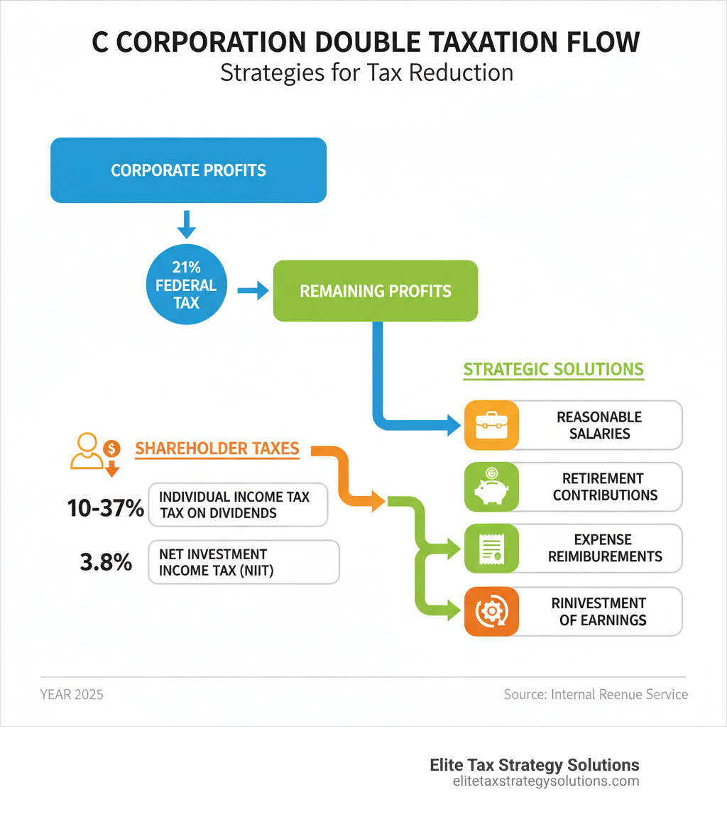 Infographic showing C Corporation double taxation flow: Corporate profits taxed at 21% federal rate, then remaining profits distributed to shareholders face additional individual tax rates of 10-37% on dividends, plus potential 3.8% Net Investment Income Tax, with strategic solutions including reasonable salaries, retirement contributions, expense reimbursements, and reinvestment of earnings - Corporate tax reduction strategies infographic Infographic showing C Corporation double taxation flow: Corporate profits taxed at 21% federal rate, then remaining profits distributed to shareholders face additional individual tax rates of 10-37% on dividends, plus potential 3.8% Net Investment Income Tax, with strategic solutions including reasonable salaries, retirement contributions, expense reimbursements, and reinvestment of earnings - Corporate tax reduction strategies infographic