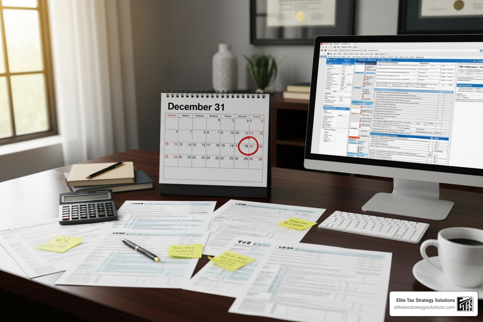 A calendar with December 31st circled and tax forms nearby - Corporate tax reduction strategies A calendar with December 31st circled and tax forms nearby - Corporate tax reduction strategies