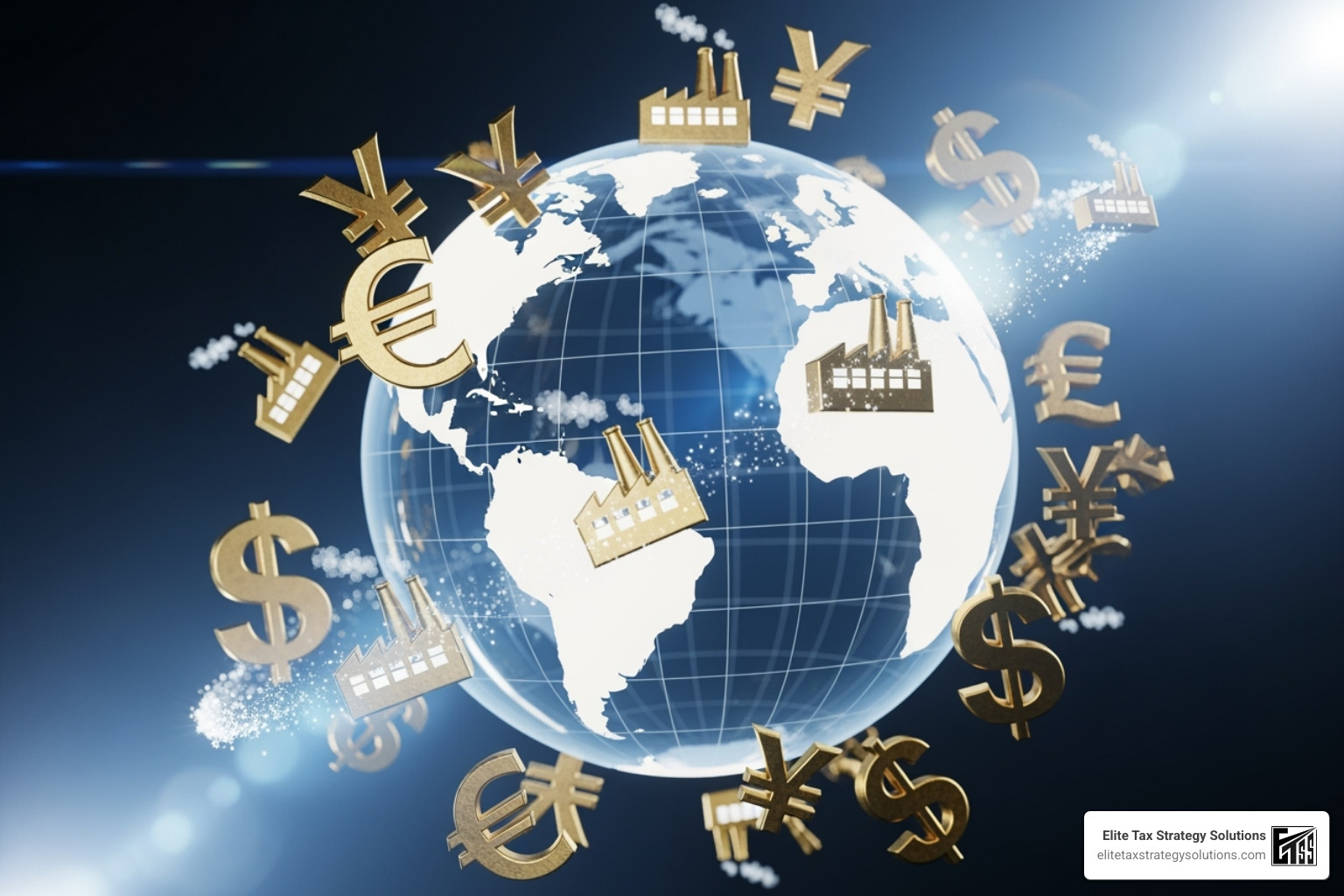 A globe with currency symbols and factory icons - Corporate tax reduction strategies A globe with currency symbols and factory icons - Corporate tax reduction strategies