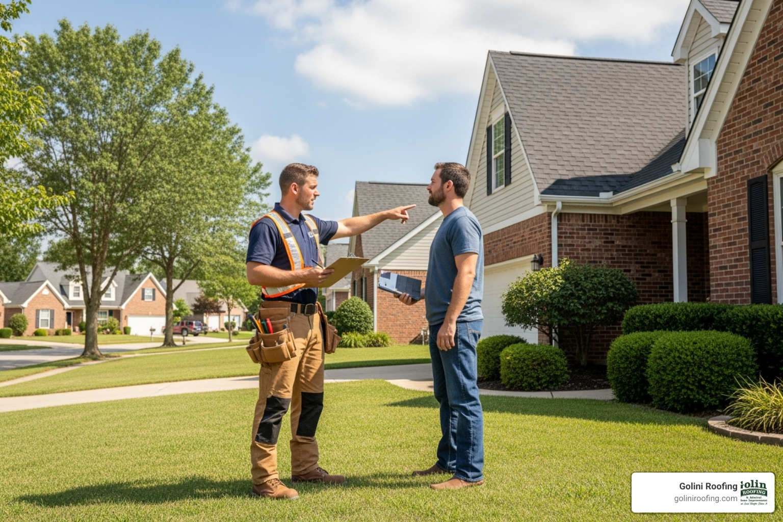 a professional roofer discussing options with a homeowner in front of their house - roof tpo woburn ma a professional roofer discussing options with a homeowner in front of their house - roof tpo woburn ma