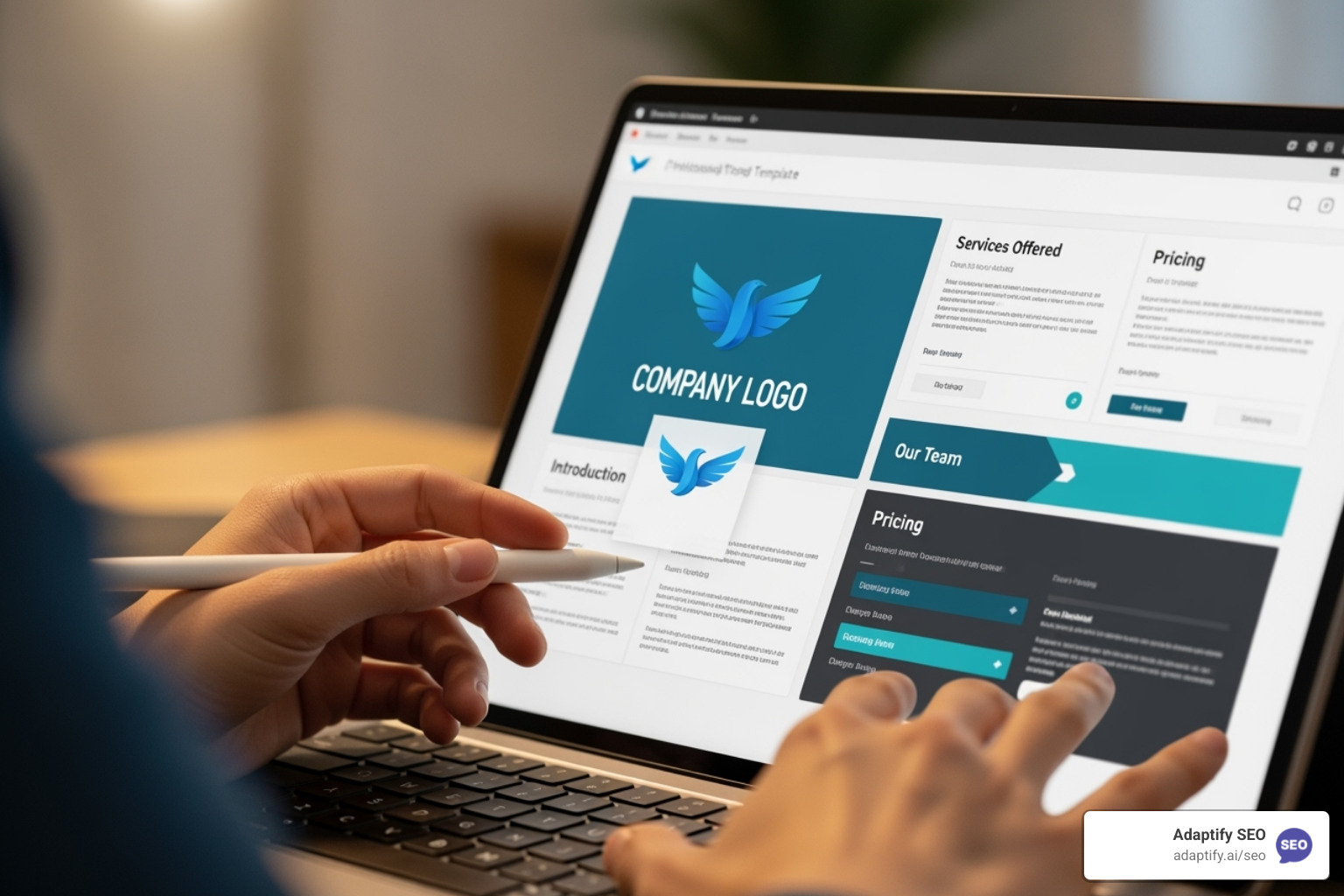 template being edited with a company's logo and brand colors - free seo proposal template