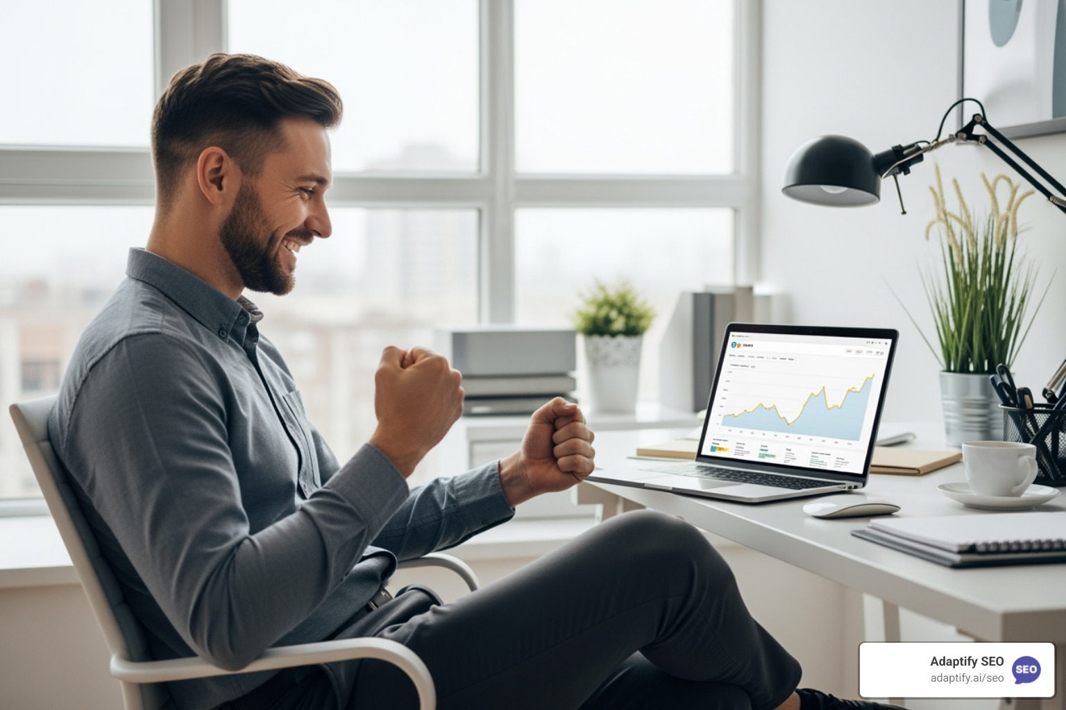 SEO professional celebrating client win with laptop - free seo proposal template