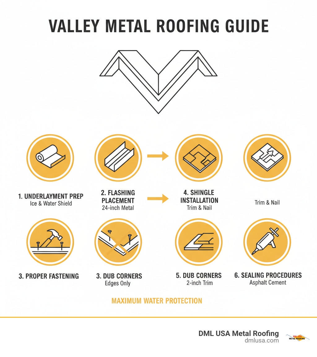 Comprehensive guide showing the critical steps for installing valley metal on shingle roofs, including underlayment preparation, metal flashing placement, proper fastening techniques, shingle installation methods, and sealing procedures for maximum water protection - installing valley metal on a shingle roof infographic 