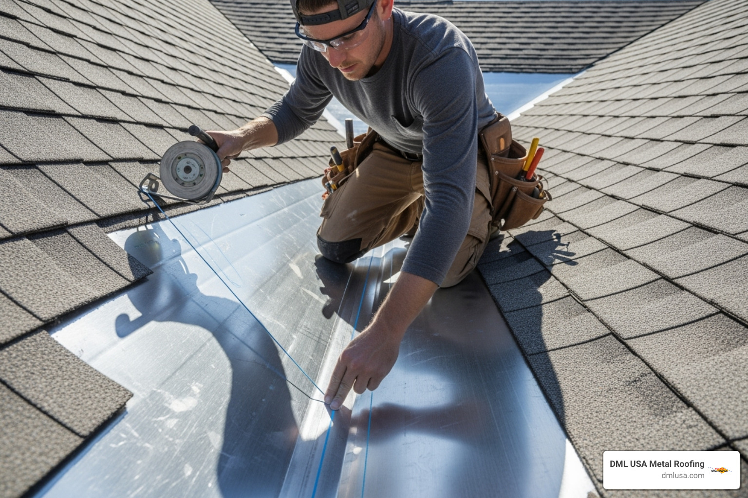 A roofer using a chalk line to mark precise cutting and nailing guides on installed valley metal flashing before shingle application - installing valley metal on a shingle roof