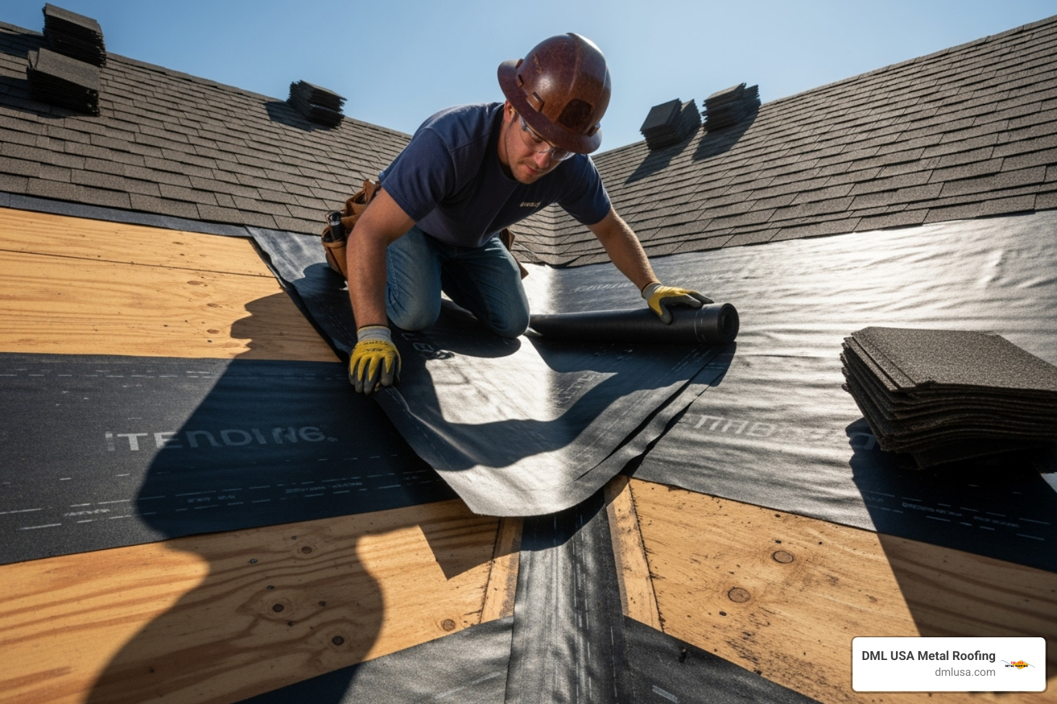 A roofer carefully installing ice and water shield underlayment in a roof valley, ensuring smooth application and proper adhesion to the roof deck - installing valley metal on a shingle roof