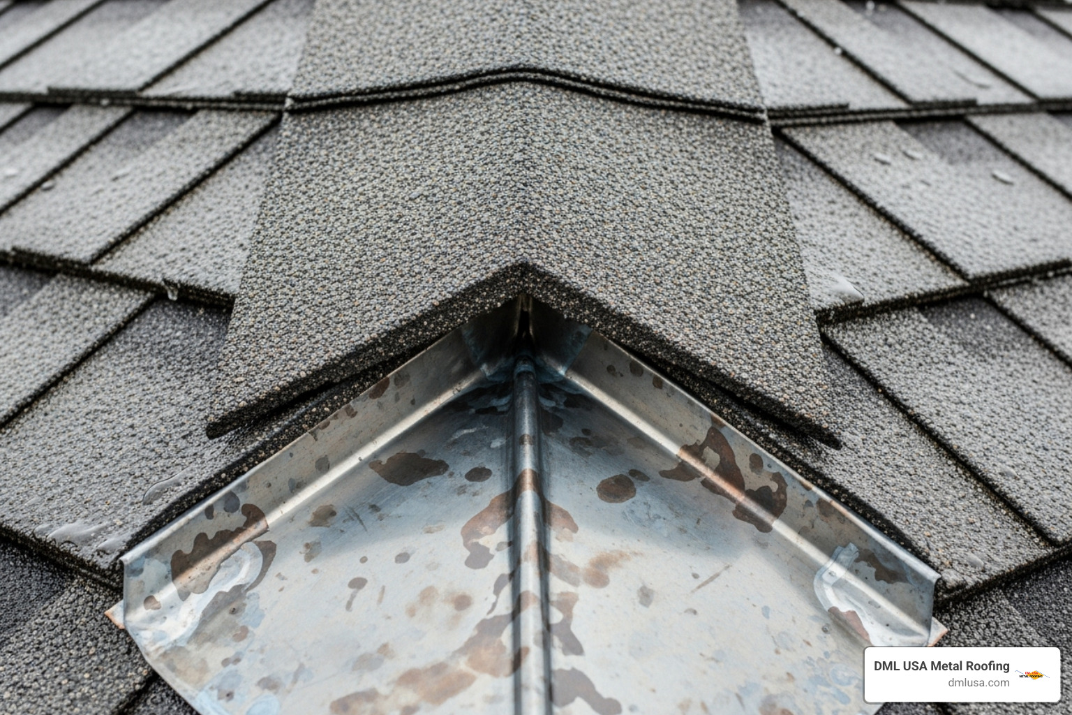 Close-up detail of a dubbed shingle corner in a roof valley, showing the triangular cut designed to direct water flow efficiently into the metal flashing - installing valley metal on a shingle roof