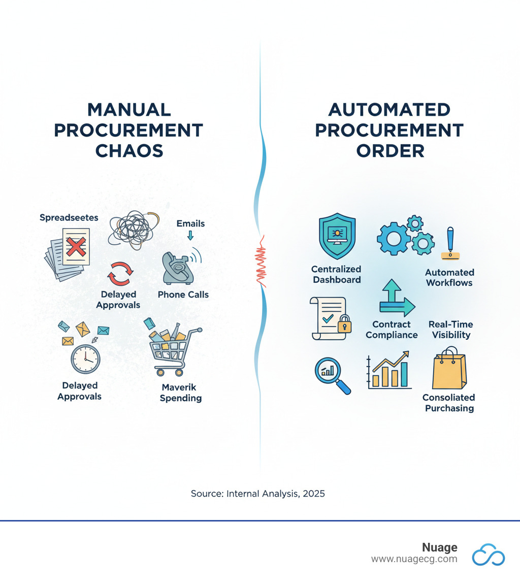 Advanced Procurement comparison infographic showing manual procurement chaos (spreadsheets, emails, phone calls, delayed approvals, maverick spending) versus automated procurement order (centralized dashboard, automated workflows, contract compliance, real-time visibility, consolidated purchasing) - netsuite advanced procurement infographic 