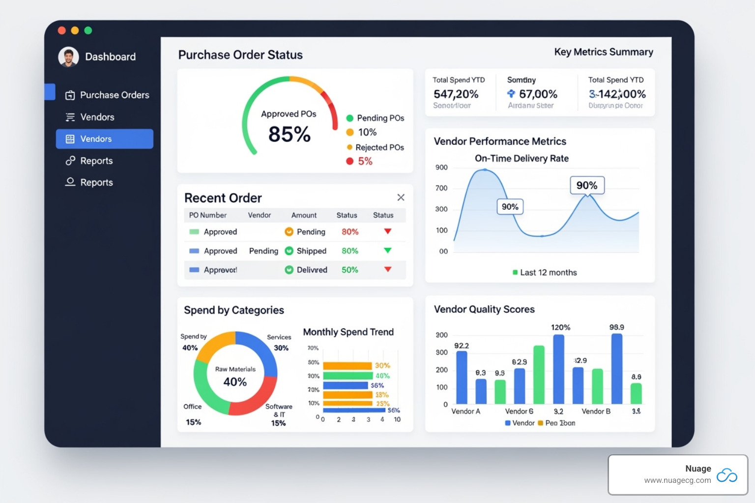Procurement Dashboard showing various portlets like "Purchase Order Status," "Vendor Performance," "Spend by Category," and "Approval Reminders" - netsuite advanced procurement