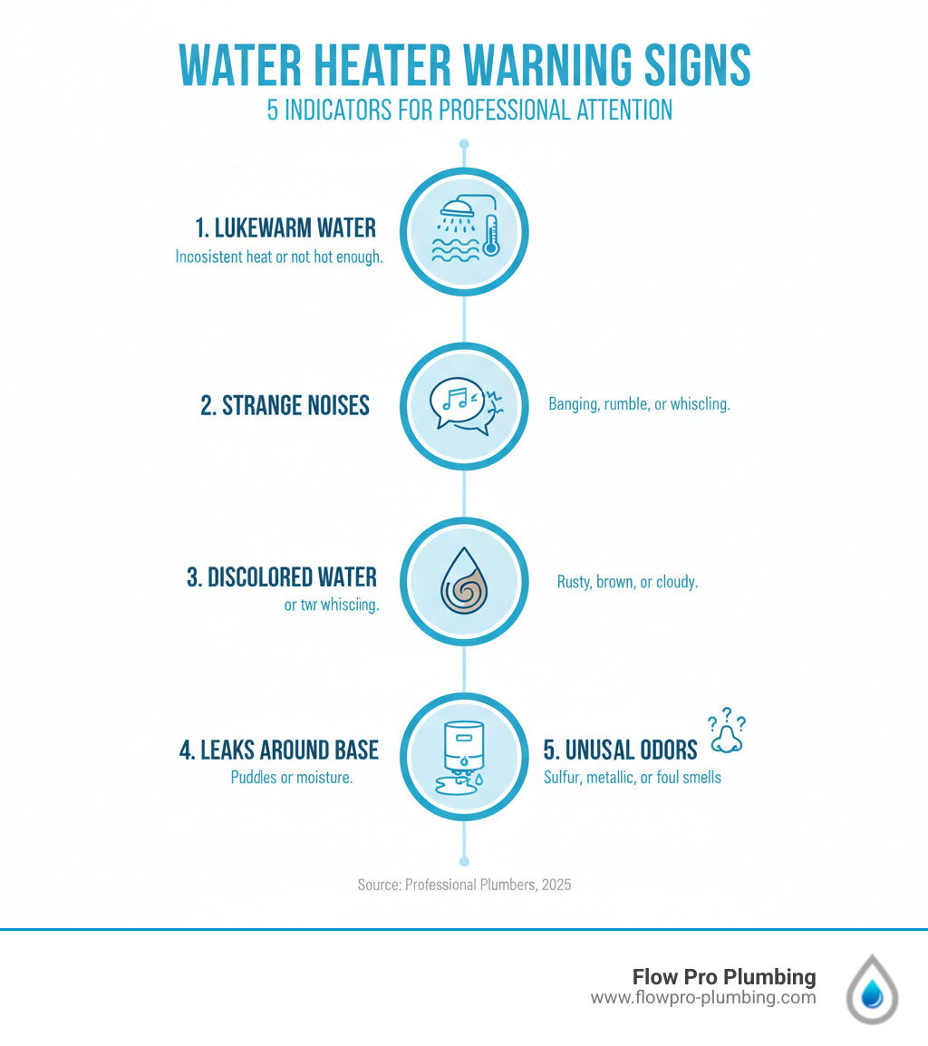 Comprehensive infographic showing the top 5 warning signs that indicate your water heater needs immediate professional attention, including lukewarm water, strange noises, discolored water, leaks around the base, and unusual odors, with visual icons and brief explanations for each sign - water heater maintenance Brentwood infographic Comprehensive infographic showing the top 5 warning signs that indicate your water heater needs immediate professional attention, including lukewarm water, strange noises, discolored water, leaks around the base, and unusual odors, with visual icons and brief explanations for each sign - water heater maintenance Brentwood infographic