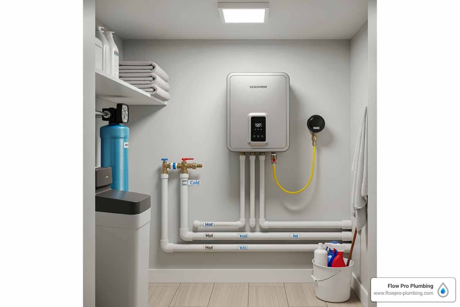 A compact, wall-mounted tankless water heater in a clean utility closet. - water heater maintenance Brentwood A compact, wall-mounted tankless water heater in a clean utility closet. - water heater maintenance Brentwood