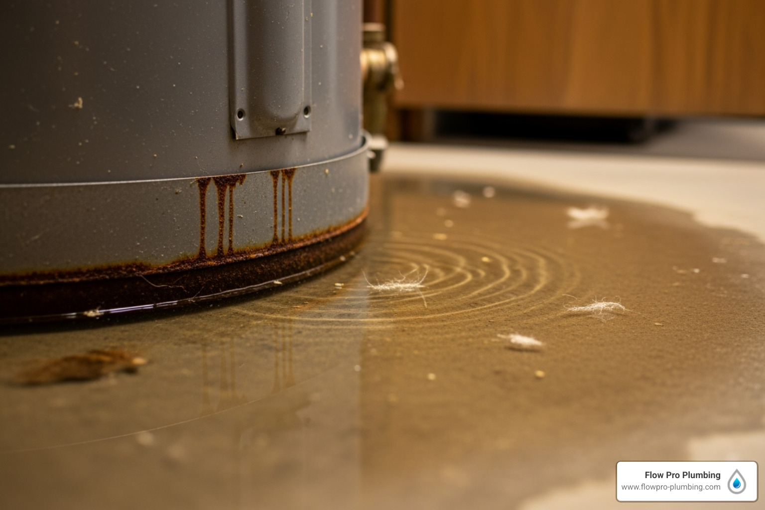 water pooling around the base of an old, slightly rusted water heater. - water heater maintenance Brentwood water pooling around the base of an old, slightly rusted water heater. - water heater maintenance Brentwood