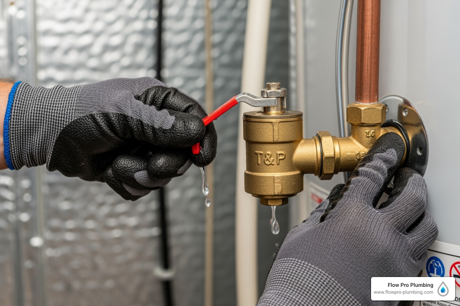 A professional plumber's hands testing the pressure relief valve on a tank water heater. - water heater maintenance Brentwood A professional plumber's hands testing the pressure relief valve on a tank water heater. - water heater maintenance Brentwood