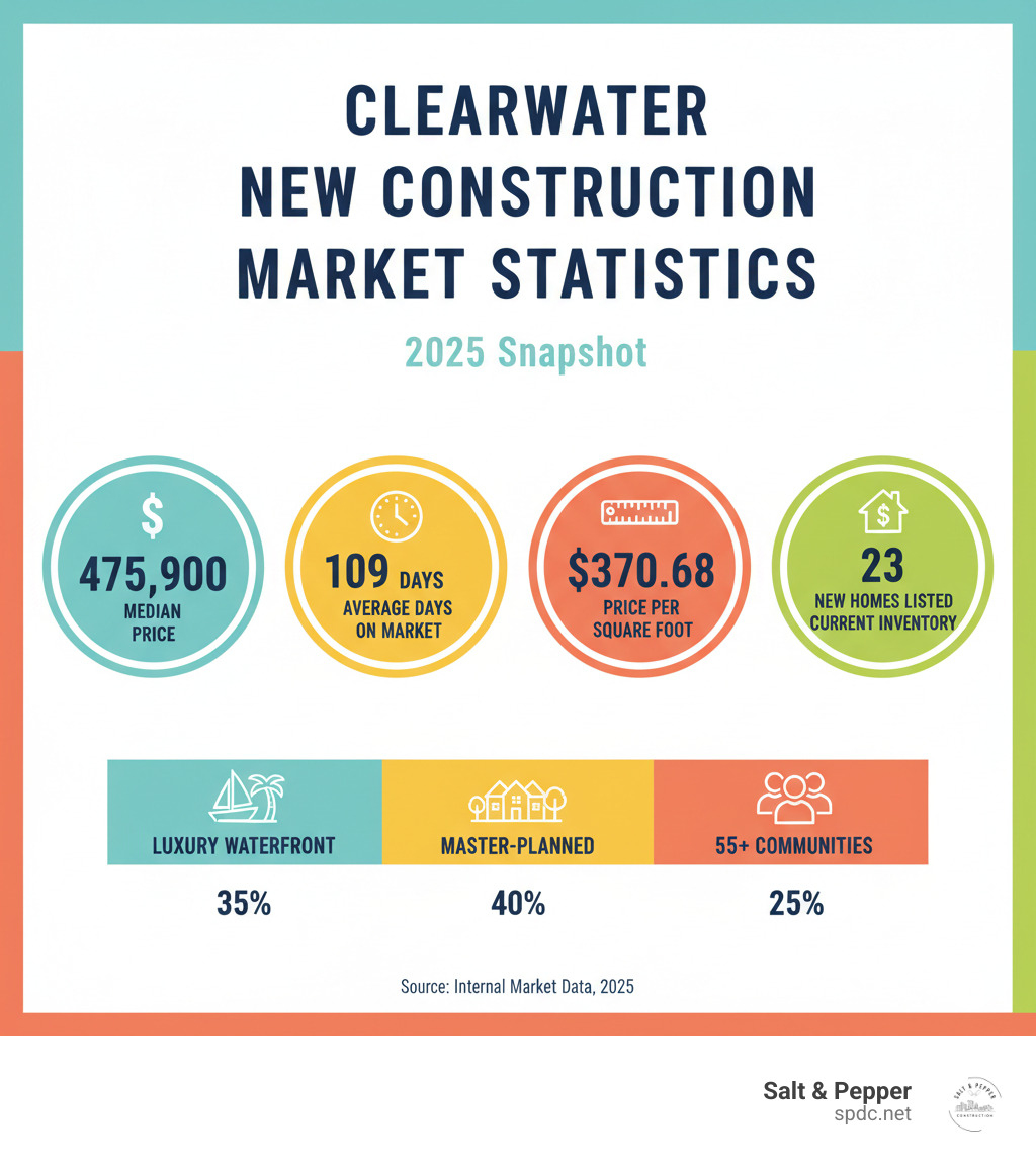 Infographic showing Clearwater New Construction Market Statistics with median price of $475,900, average days on market of 109 days, price per square foot of $370.68, and breakdown of community types including luxury waterfront, master-planned, and 55+ communities - New construction Clearwater FL infographic 