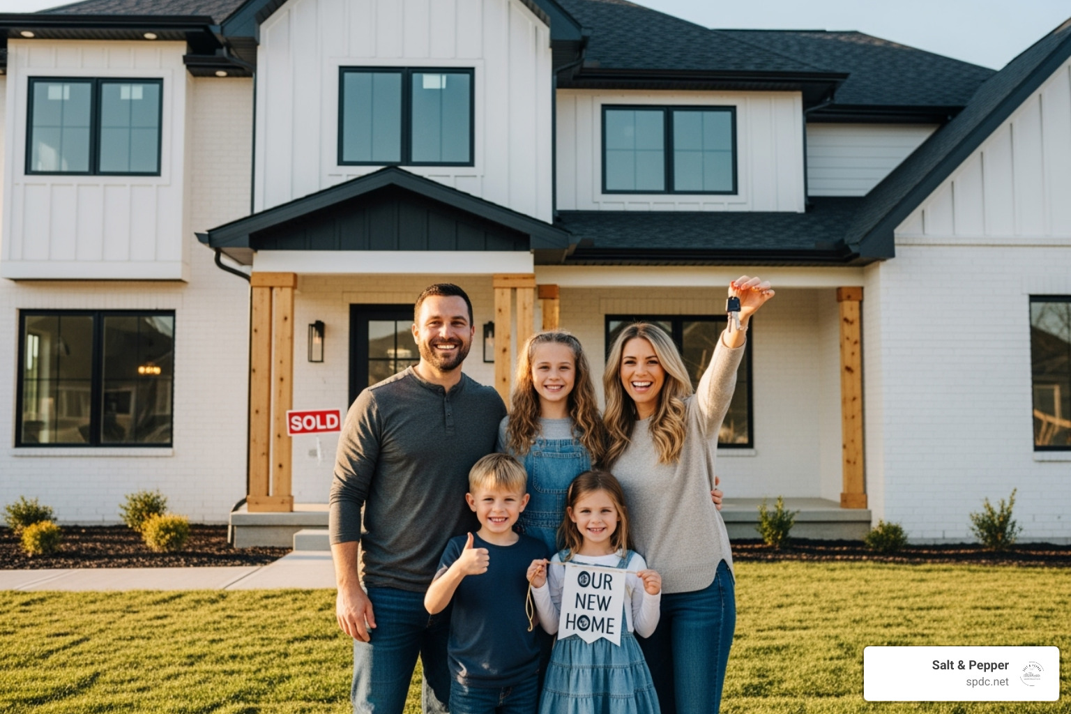 A happy family standing in front of their newly built home, smiling and holding keys - New construction Clearwater FL