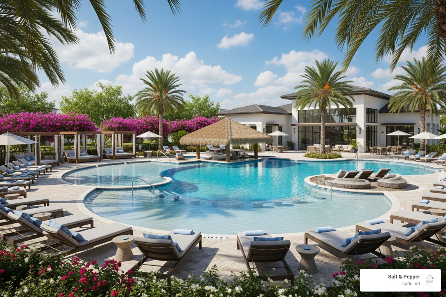 A resort-style community pool and amenity center with lush landscaping and lounge chairs - New construction Clearwater FL