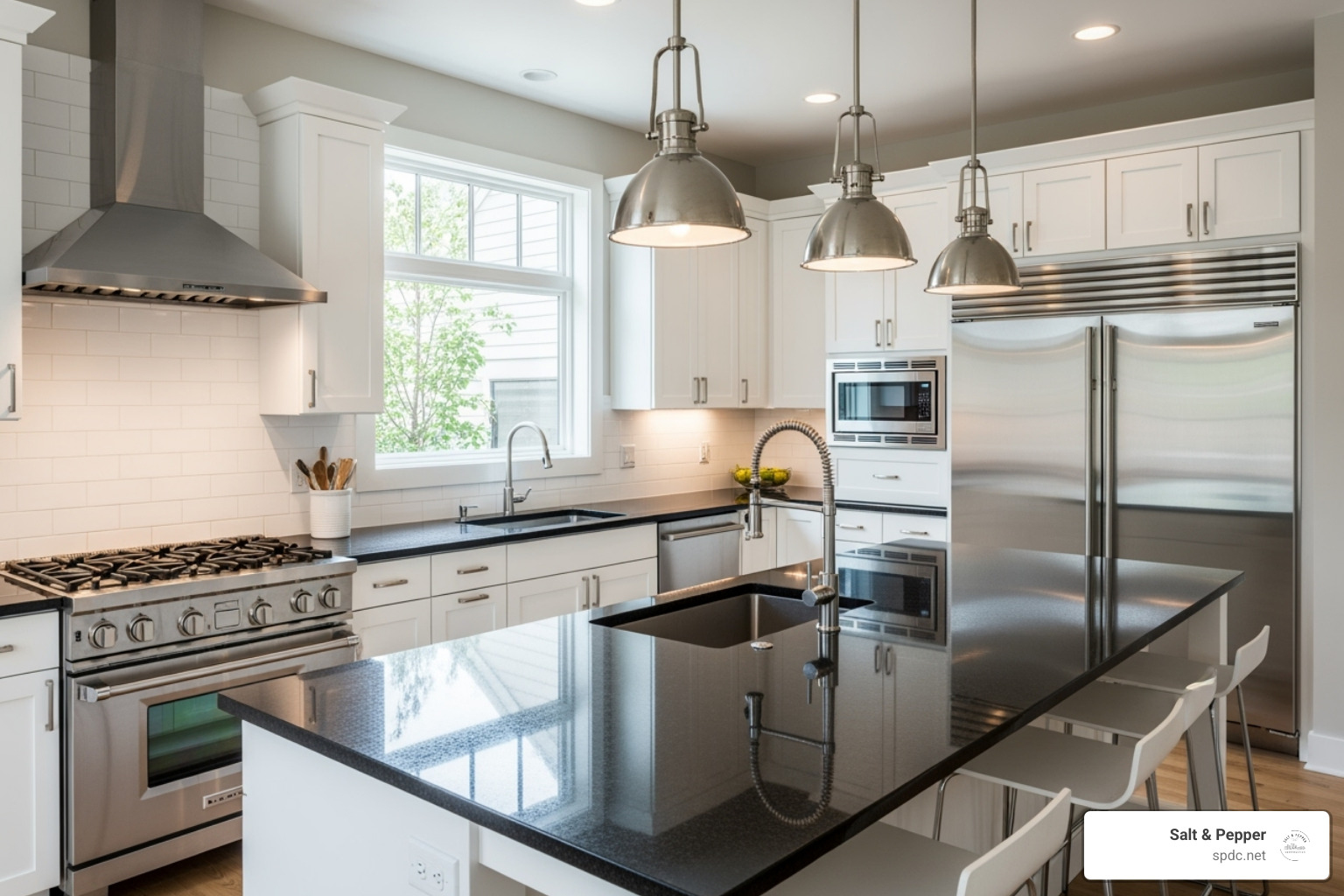 A modern kitchen with white cabinetry, stainless steel appliances, a large island with granite countertops, and pendant lighting - New construction Clearwater FL