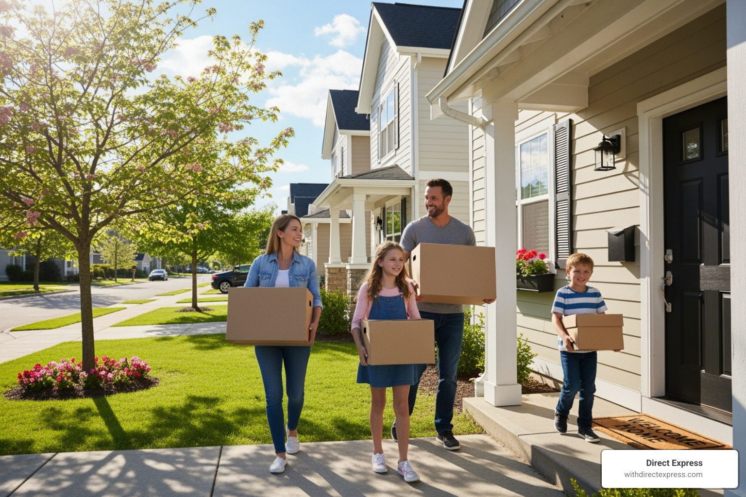 Image of a cheerful family, including parents and children, smiling as they carry moving boxes into a clean, well-maintained single-family rental home in a sunny neighborhood, with a "Welcome Home" mat at the front door. - property management tampa fl