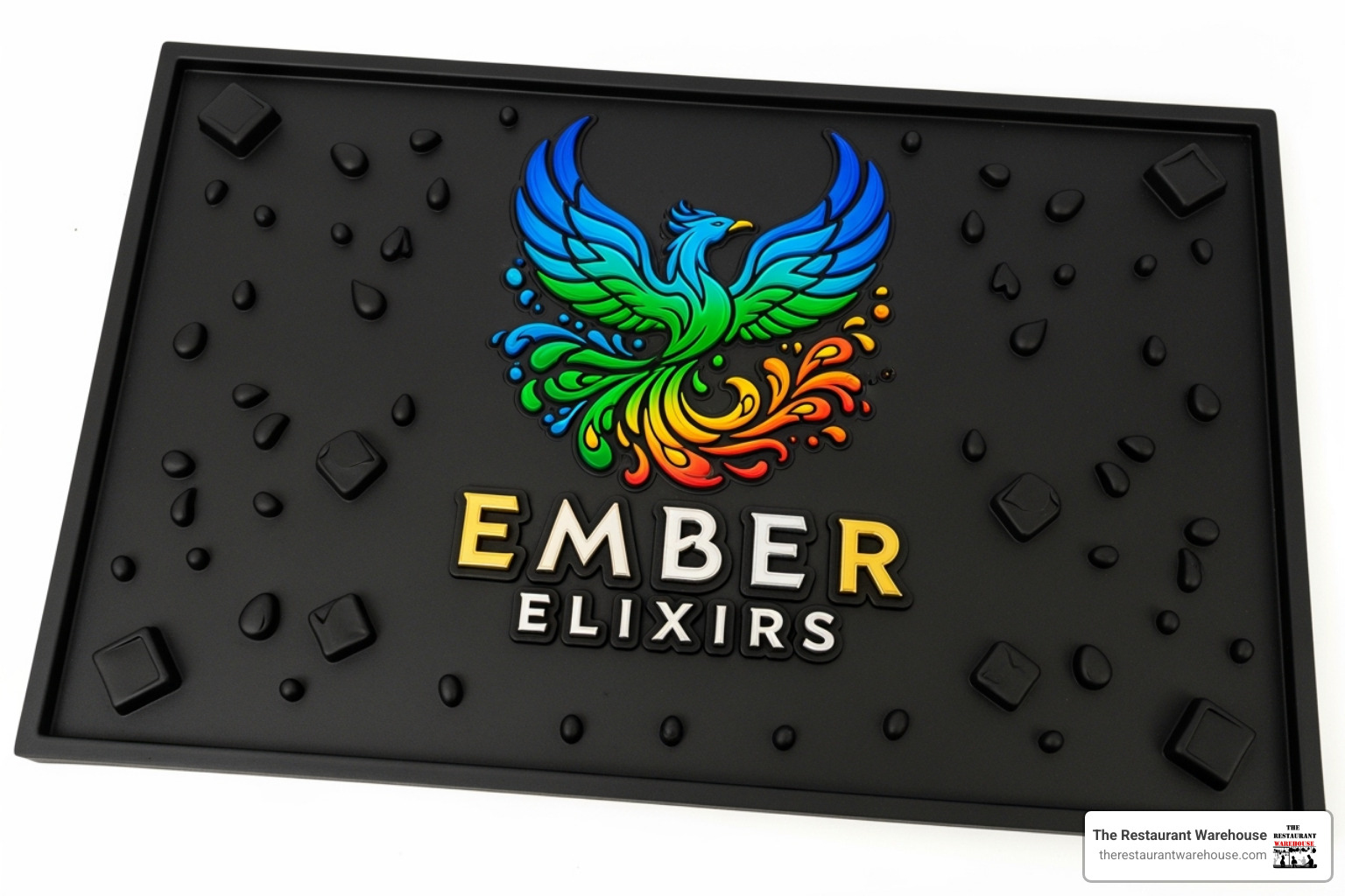 Image of a custom-molded PVC bar mat with a colorful and intricate beverage company logo. - Bar mats wholesale