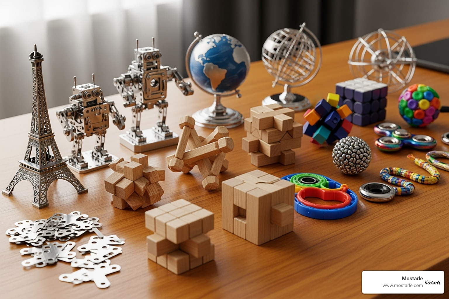 A collection of different types of desk puzzles including wooden brain teasers, metal assembly models, and fidget toys - Office desk puzzles
