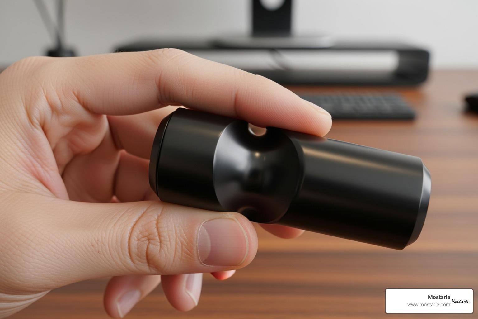 A person's hand using a sleek, black kinetic desk toy like an ONO Roller - Office desk puzzles