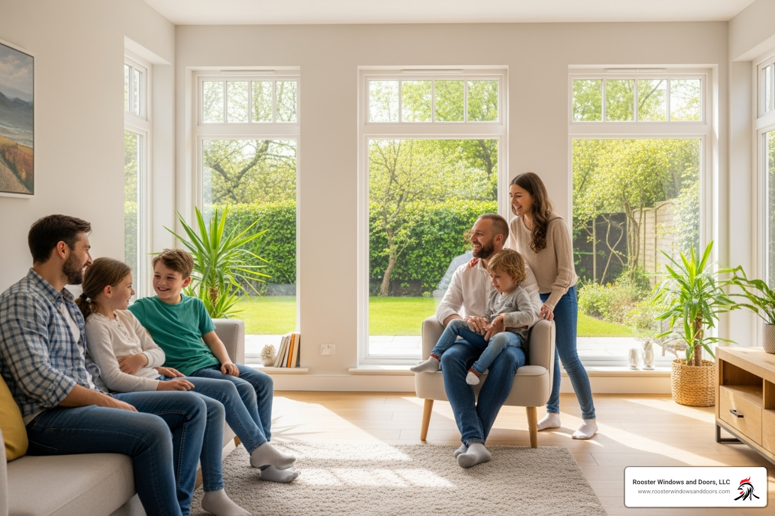 happy family in their bright, newly-windowed living room - Window Replacement Cost