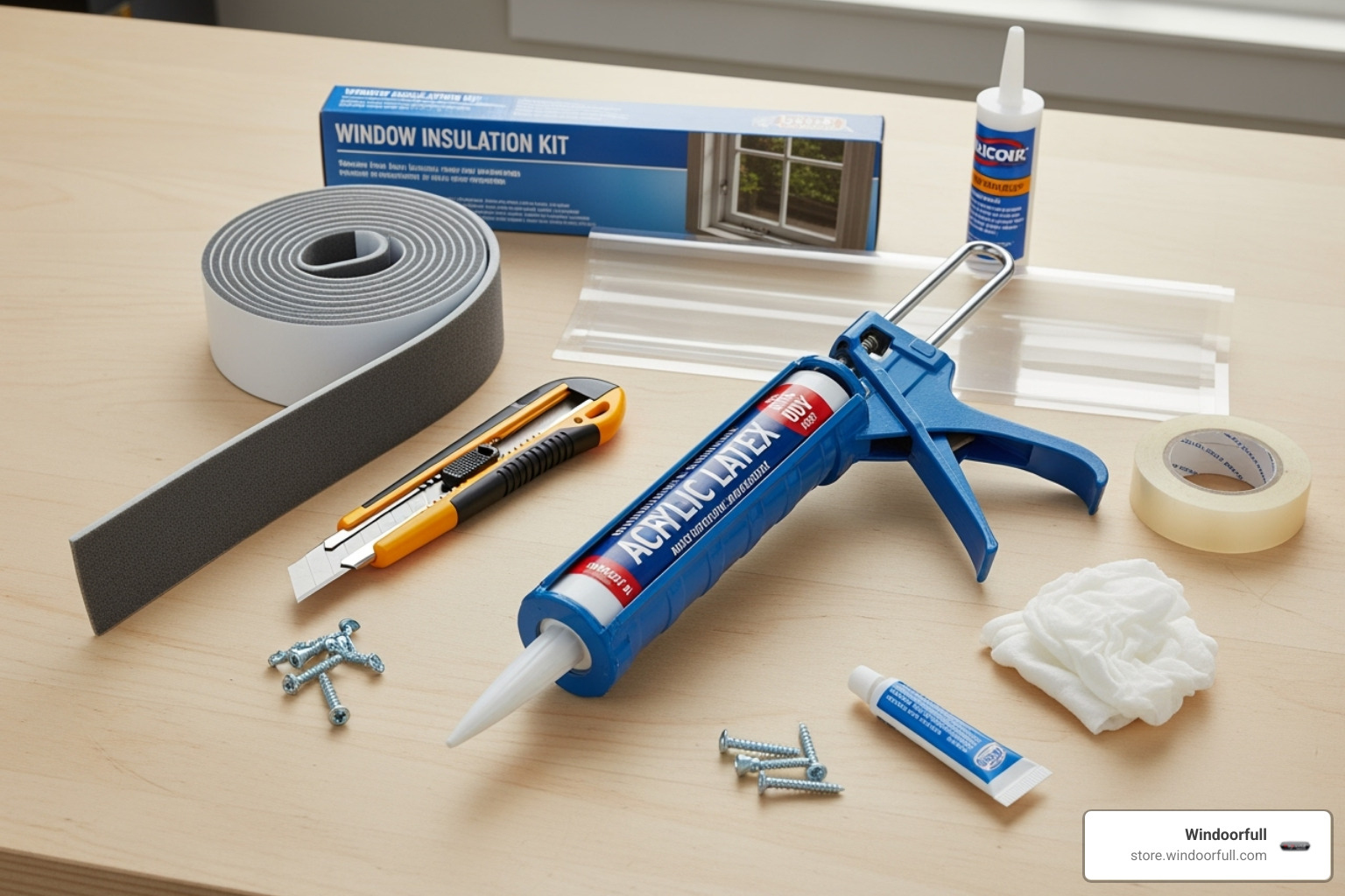 A collection of DIY draft-proofing tools: caulk gun, weatherstripping, window film, and a utility knife - draft proof windows A collection of DIY draft-proofing tools: caulk gun, weatherstripping, window film, and a utility knife - draft proof windows