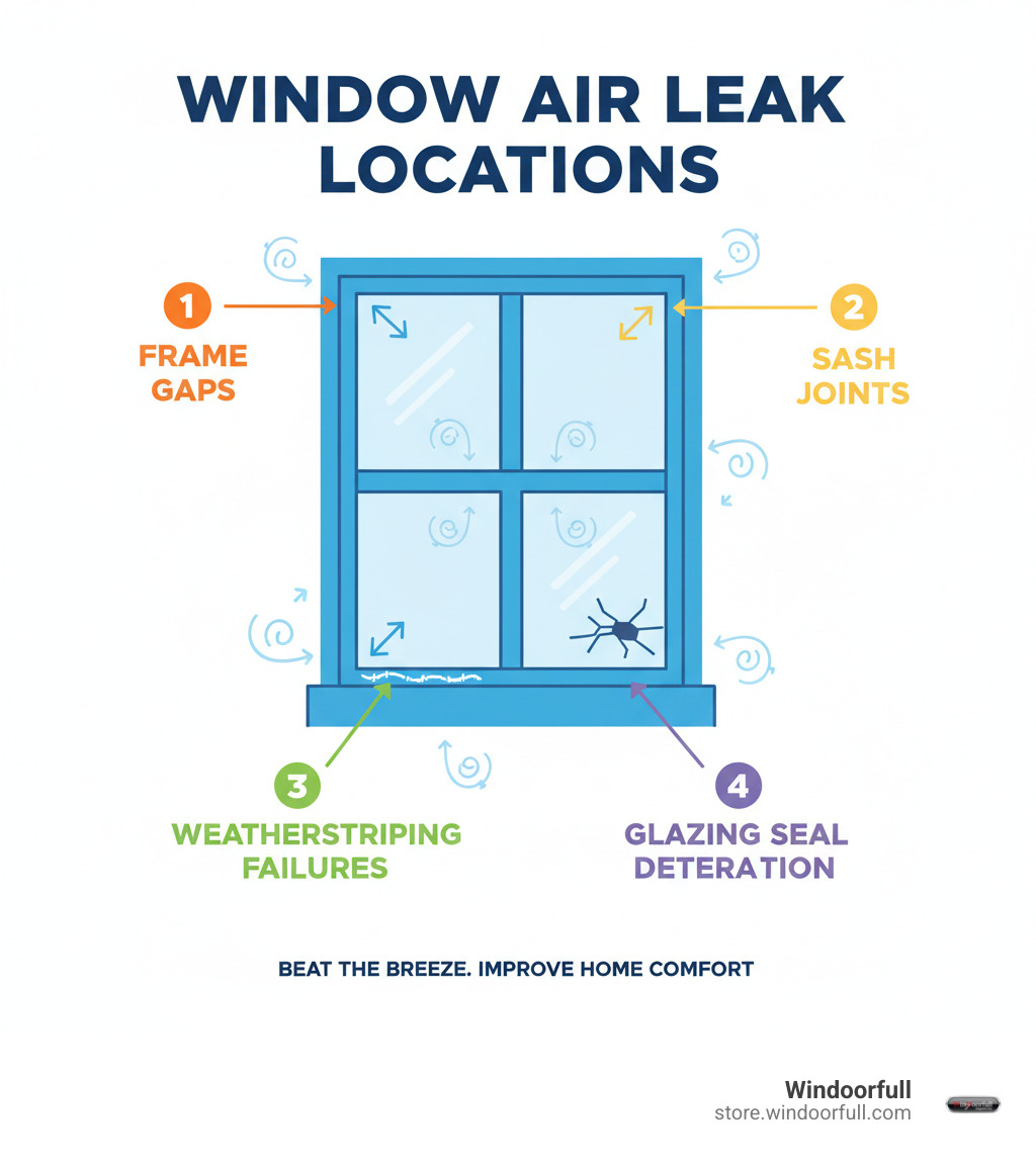 Infographic showing common air leak locations around windows including frame gaps, sash joints, weatherstripping failures, and glazing seal deterioration with arrows indicating air flow patterns - draft proof windows infographic Infographic showing common air leak locations around windows including frame gaps, sash joints, weatherstripping failures, and glazing seal deterioration with arrows indicating air flow patterns - draft proof windows infographic