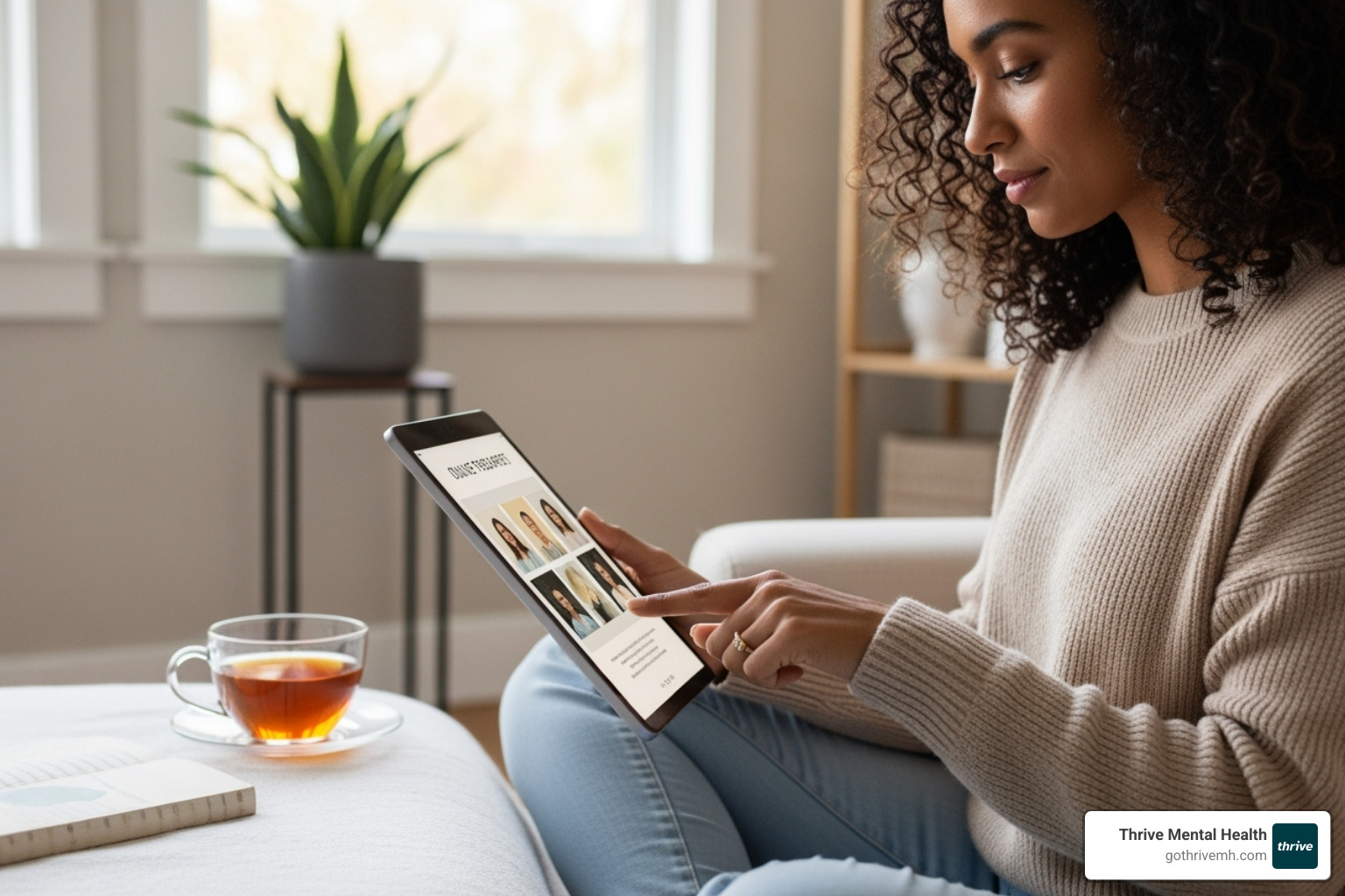 A person browsing an online therapist directory on a tablet, with a serene background and a cup of tea nearby - Florida Virtual Therapy