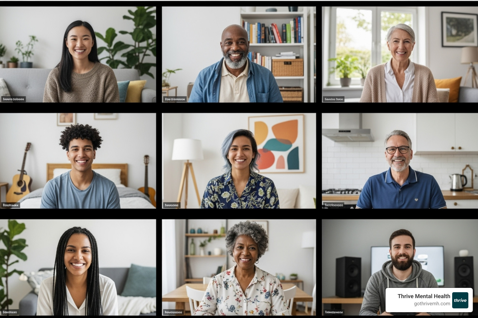 An image illustrating a supportive group therapy session held virtually, with diverse individuals smiling and engaging with each other on a video call screen - Florida Virtual Therapy