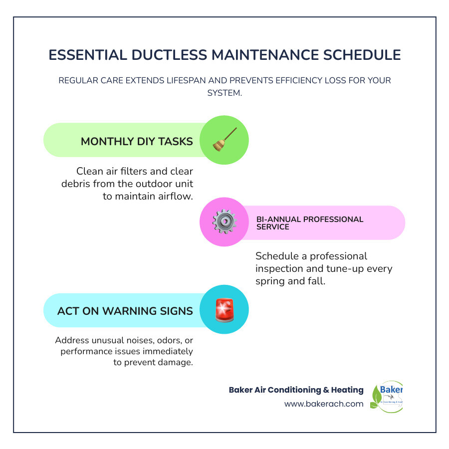 Comprehensive ductless maintenance schedule showing monthly DIY tasks like filter cleaning and debris removal, seasonal professional services including coil cleaning and refrigerant checks, and warning signs that require immediate attention such as unusual noises, water leaks, and reduced airflow - ductless maintenance sunrise beach infographic infographic-line-3-steps-colors