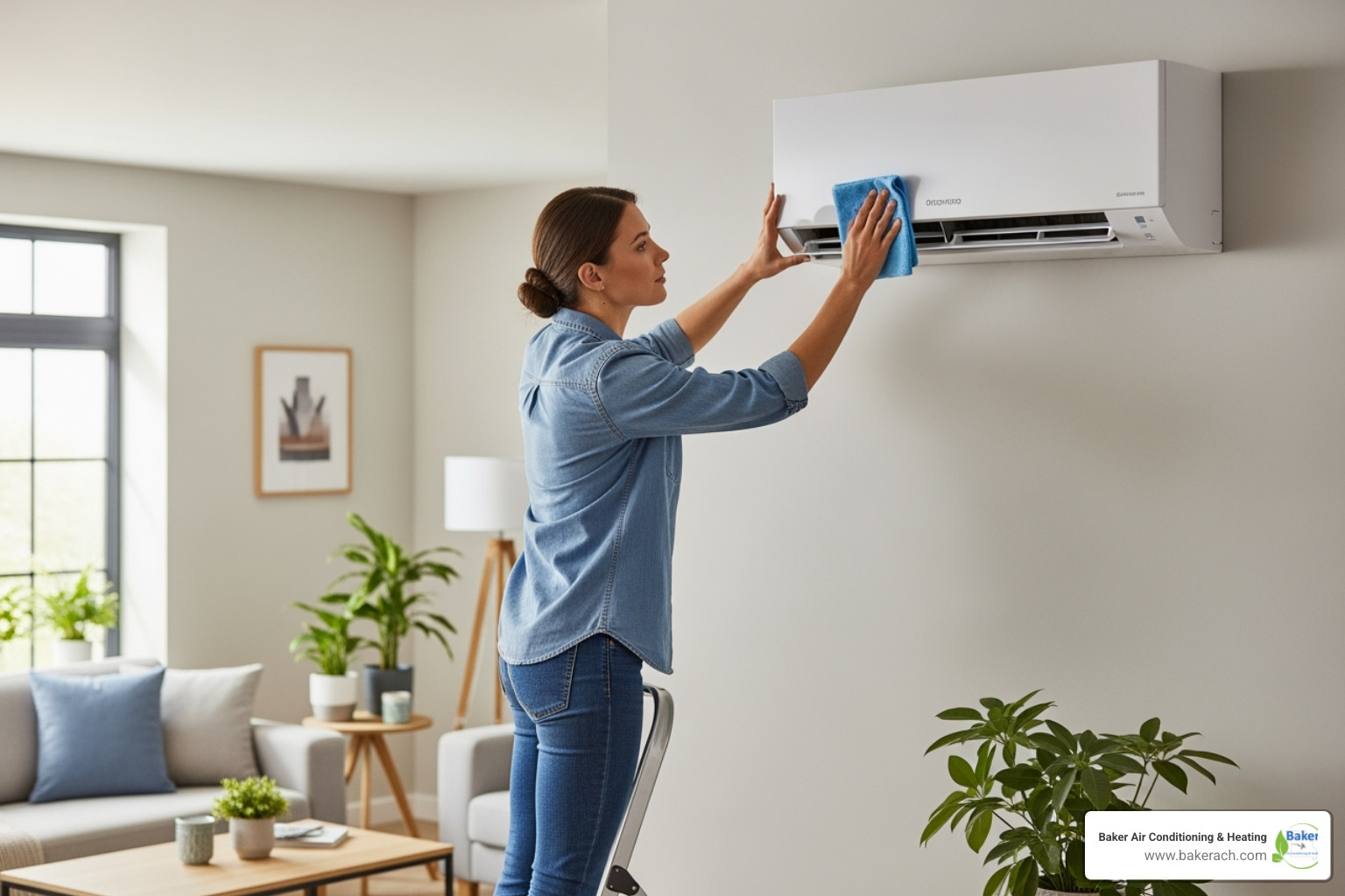 homeowner wiping down ductless unit - ductless maintenance sunrise beach