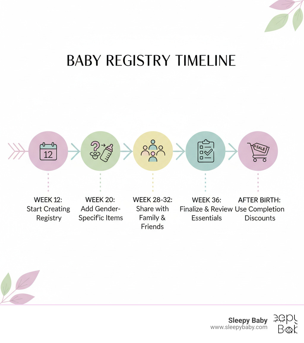 Infographic showing baby registry timeline: Week 12 - Start creating registry, Week 20 - Add items after learning baby's gender, Week 28-32 - Share with family and friends, Week 36 - Finalize and review essentials, After birth - Use completion discounts for remaining items - registry must have baby infographic Infographic showing baby registry timeline: Week 12 - Start creating registry, Week 20 - Add items after learning baby's gender, Week 28-32 - Share with family and friends, Week 36 - Finalize and review essentials, After birth - Use completion discounts for remaining items - registry must have baby infographic