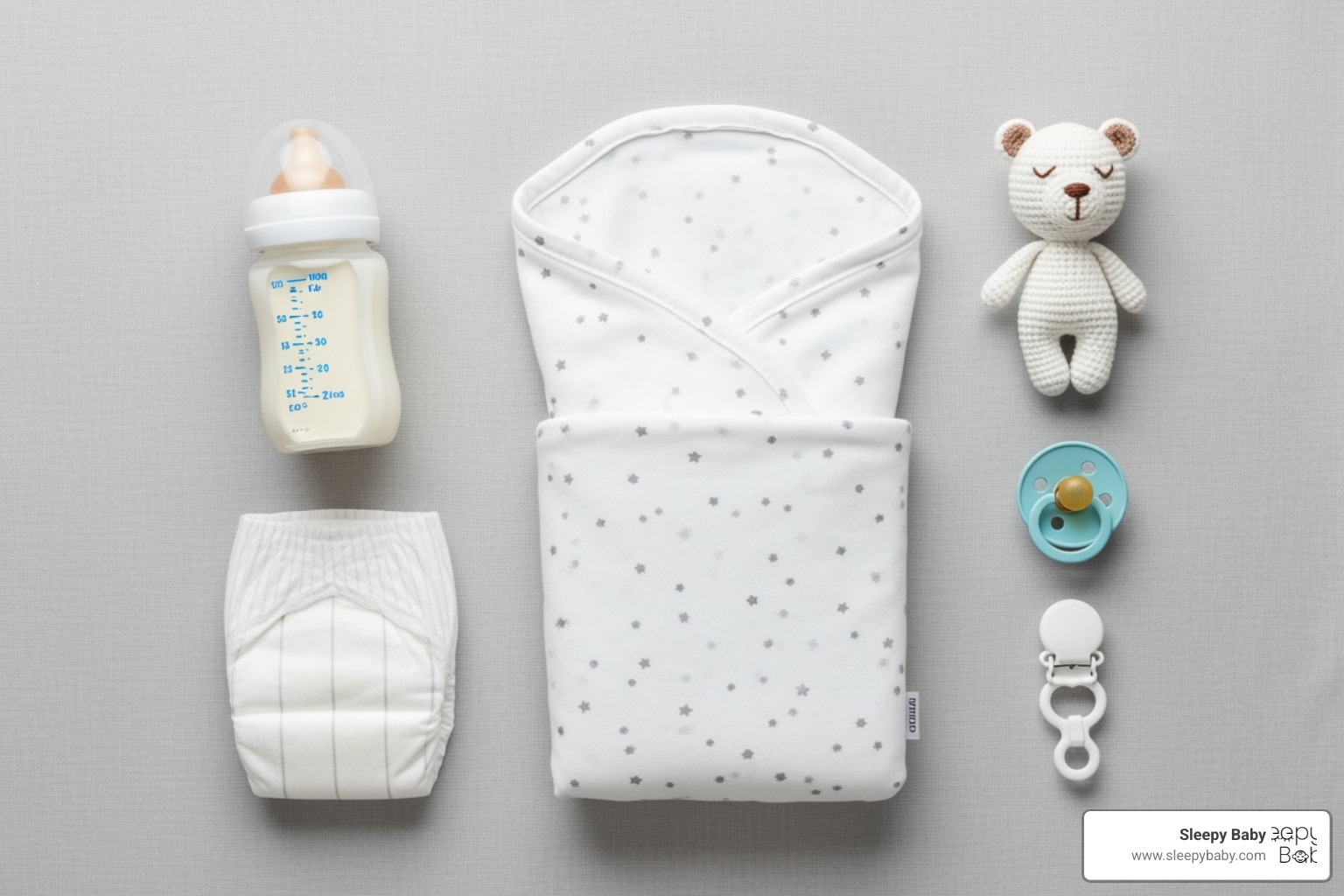 A flat-lay of essential baby items including a swaddle, bottle, diaper, pacifier, and small toy - registry must have baby A flat-lay of essential baby items including a swaddle, bottle, diaper, pacifier, and small toy - registry must have baby