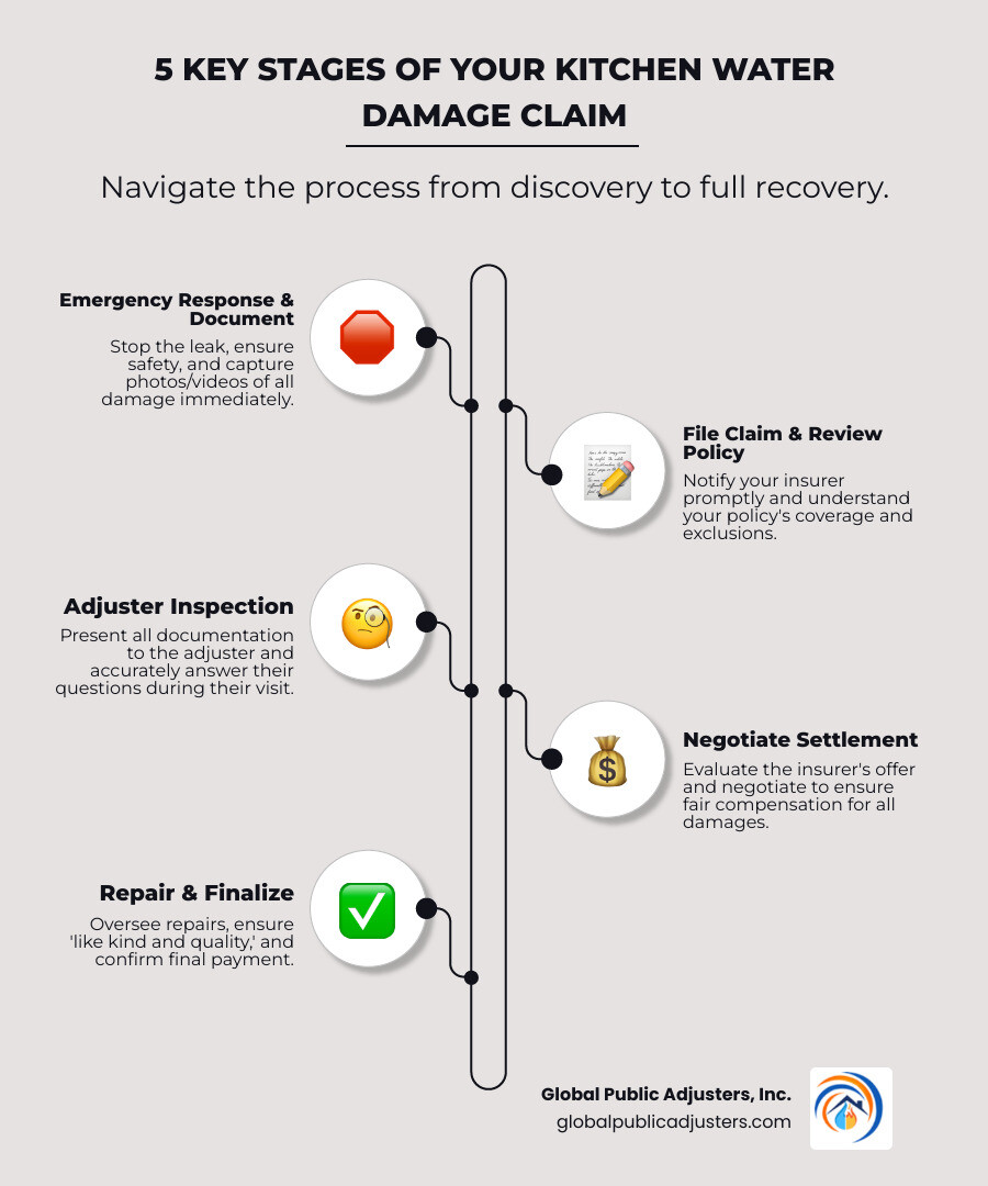 Infographic showing the 5 key stages of a kitchen water damage insurance claim: 1) Emergency Response and Documentation, 2) Initial Claim Filing and Policy Review, 3) Insurance Adjuster Inspection, 4) Settlement Negotiation and Approval, 5) Repair Process and Final Payment - kitchen water damage insurance claim infographic infographic-line-5-steps-neat_beige