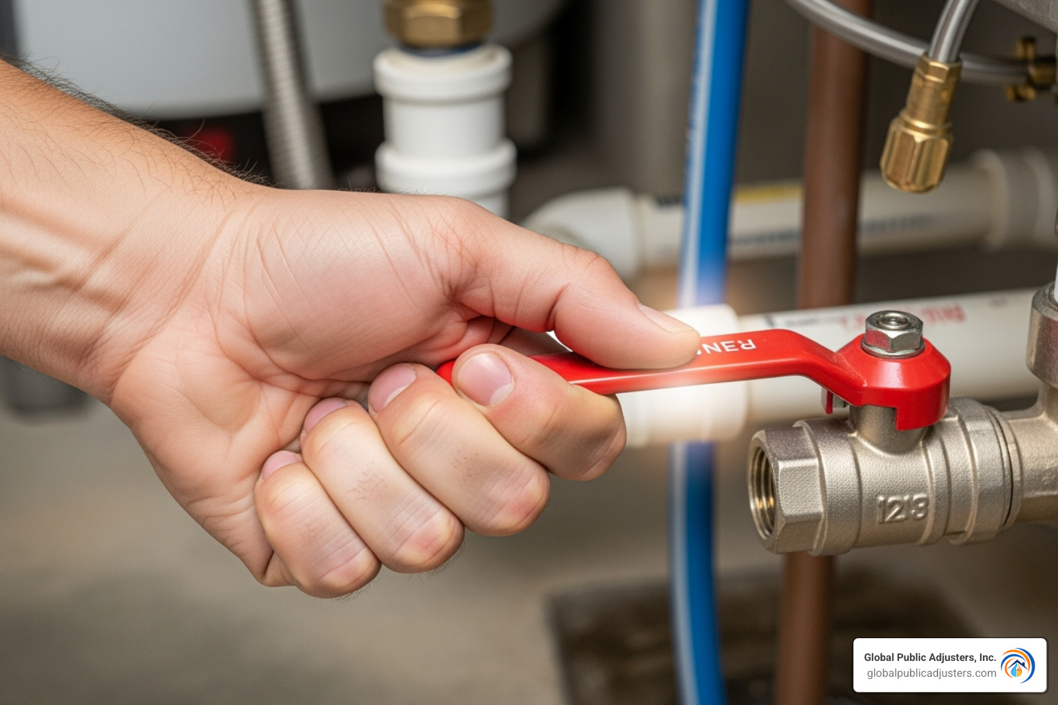 person shutting off water supply - kitchen water damage insurance claim