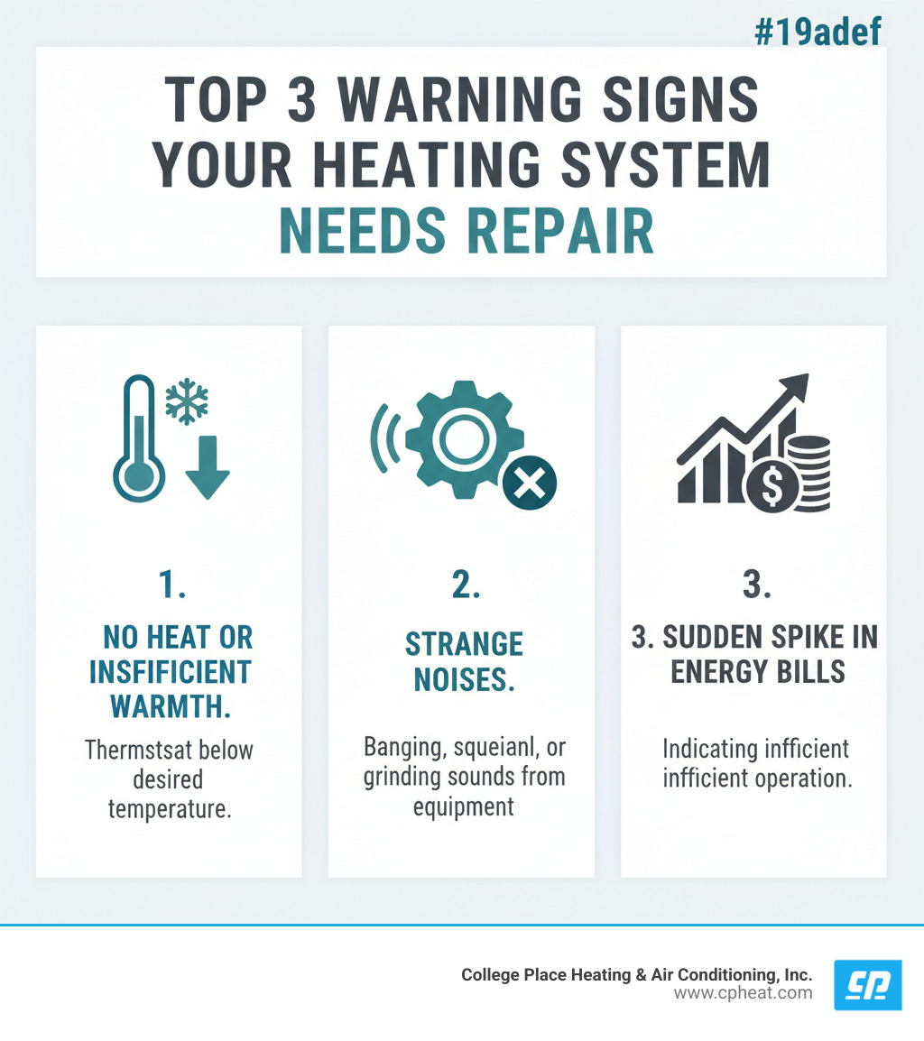 Infographic showing the top 3 warning signs your heating system needs immediate repair: no heat or insufficient warmth with thermostat reading below desired temperature, strange noises like banging or squealing sounds from equipment, and sudden spike in energy bills indicating inefficient operation - heating repair college place wa infographic 