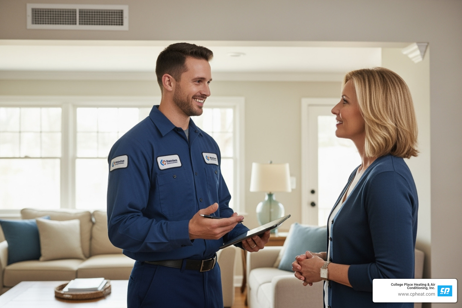 professional technician smiling and talking with a homeowner - heating repair college place wa