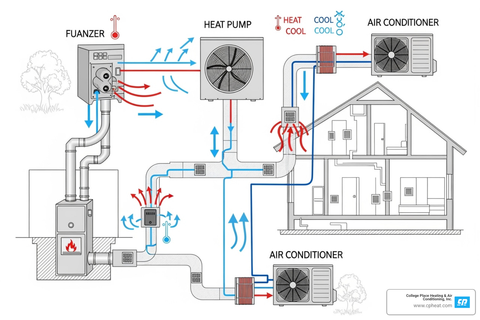 diagram showing different HVAC system types - heating repair college place wa