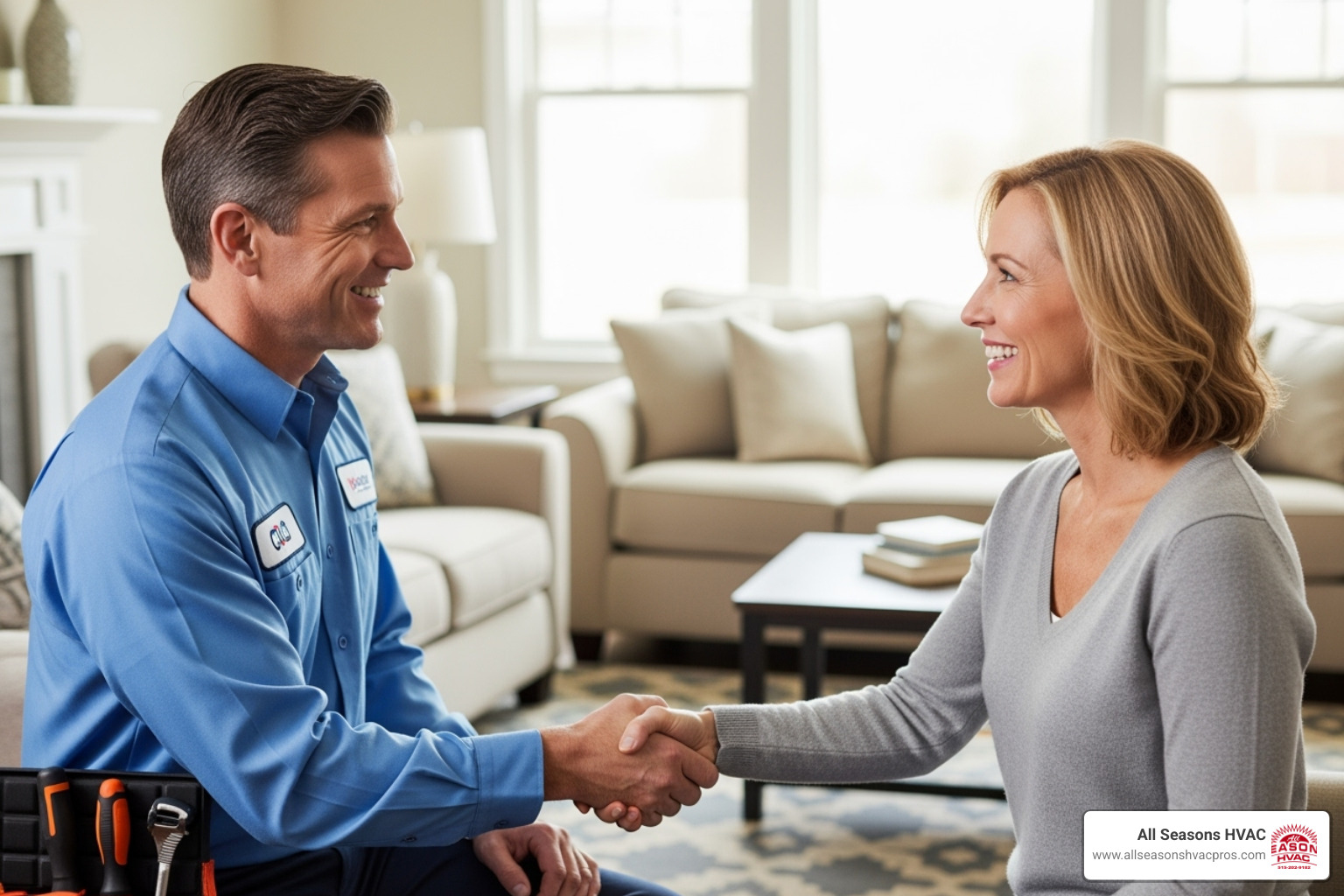 friendly HVAC technician shaking hands with a happy homeowner - hvac financing des moines ia friendly HVAC technician shaking hands with a happy homeowner - hvac financing des moines ia