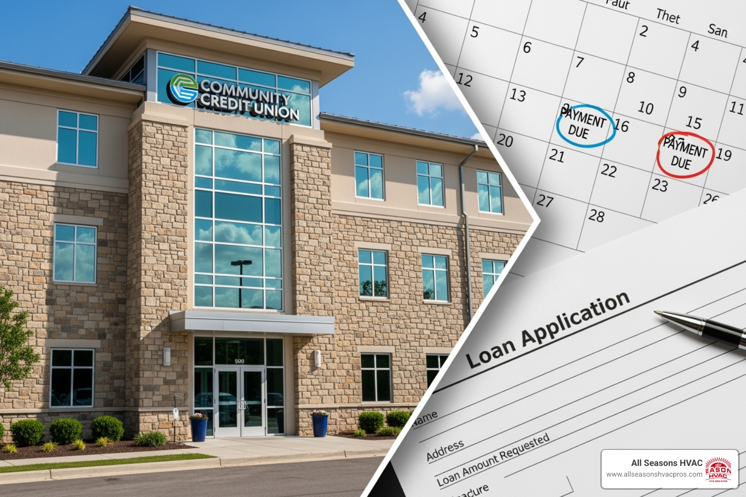 collage showing a credit union building, a generic loan application, and a calendar with payment dates - hvac financing des moines ia collage showing a credit union building, a generic loan application, and a calendar with payment dates - hvac financing des moines ia