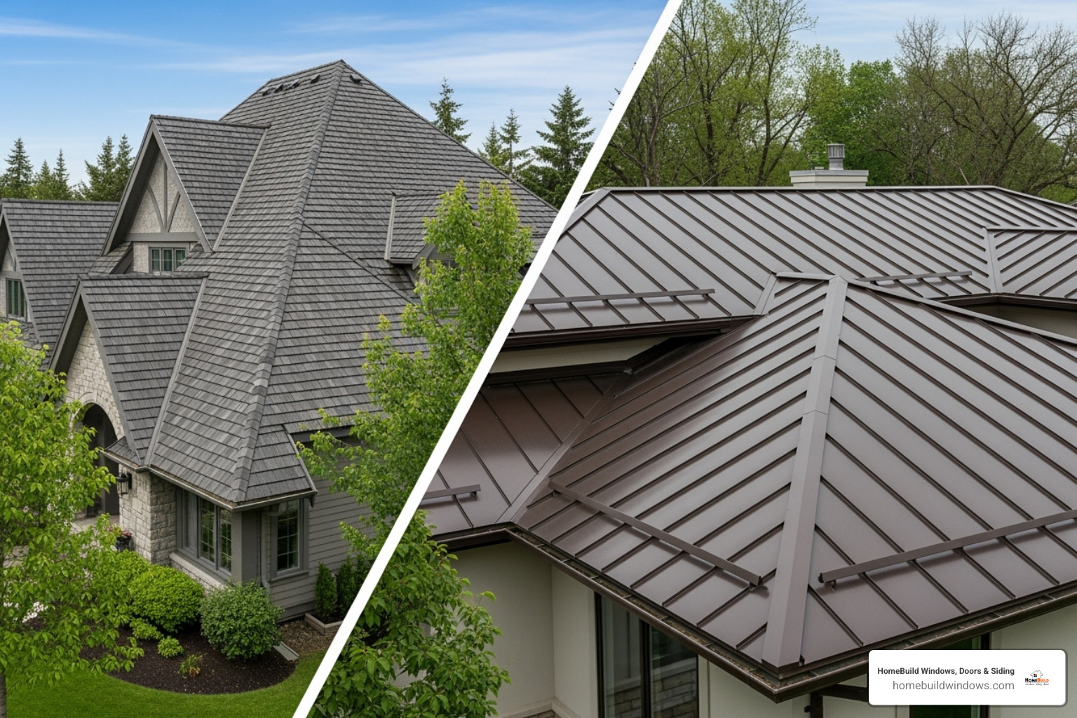Comparison of asphalt shingles and metal roofing, highlighting their aesthetic differences and suitability for various home styles. - Chicago residential roofers