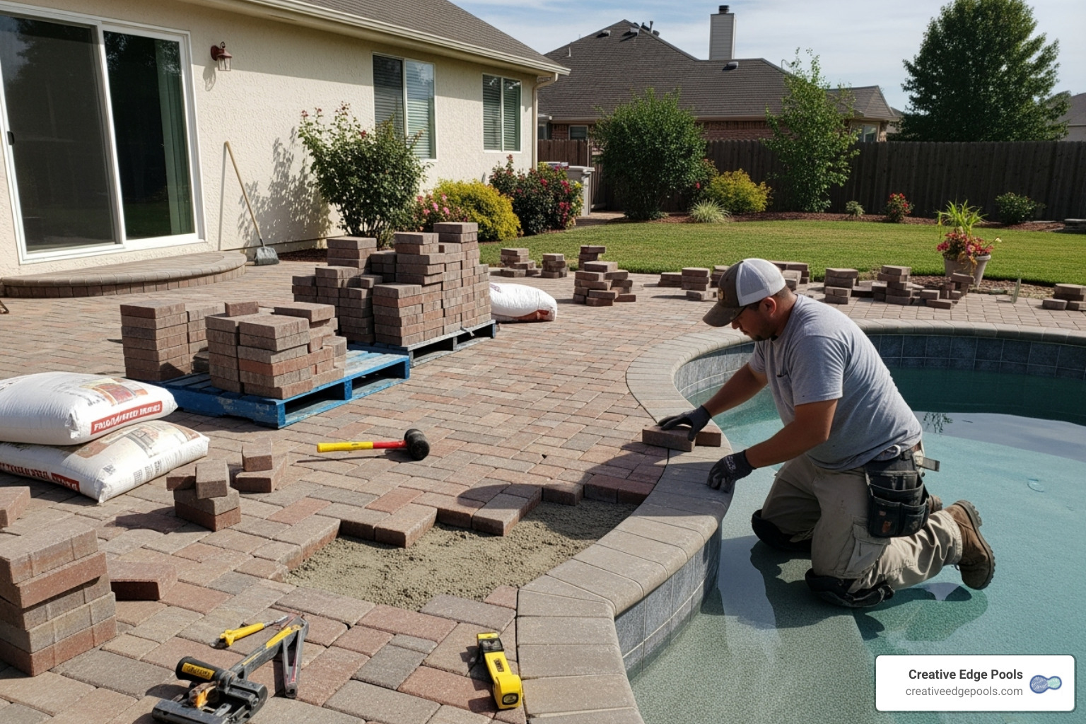 professional installing a brick paver deck around a gunite pool - brick pool decks
