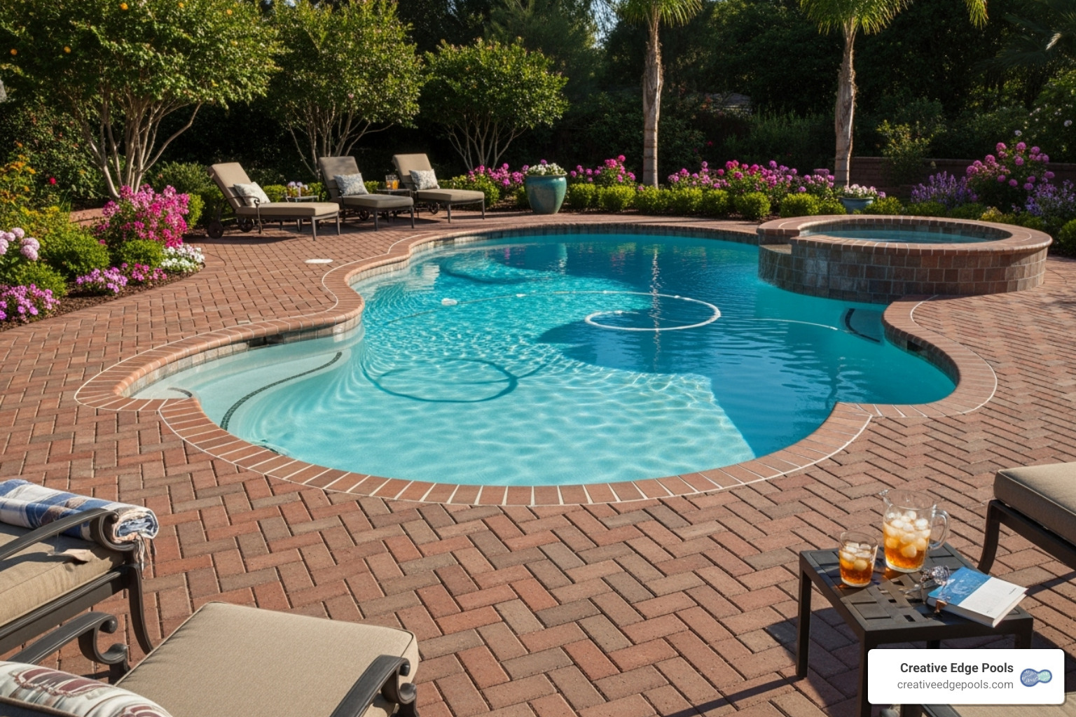 well-maintained brick pool deck around a gunite pool - brick pool decks
