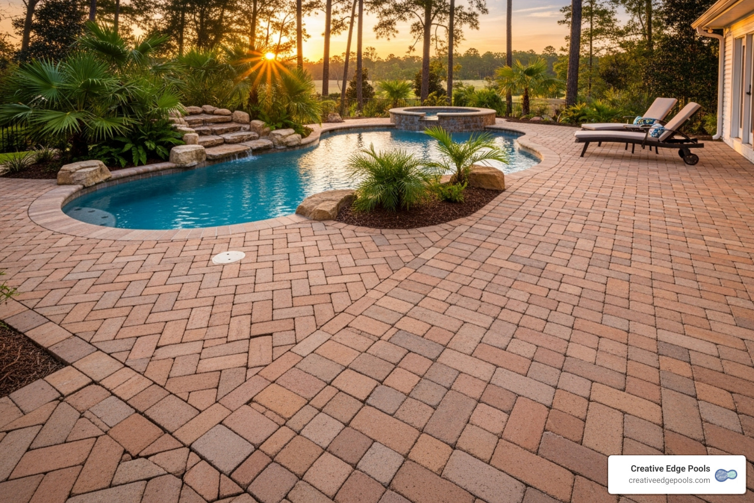 different brick paver patterns like Herringbone, Basket Weave, and Running Bond around a gunite pool - brick pool decks
