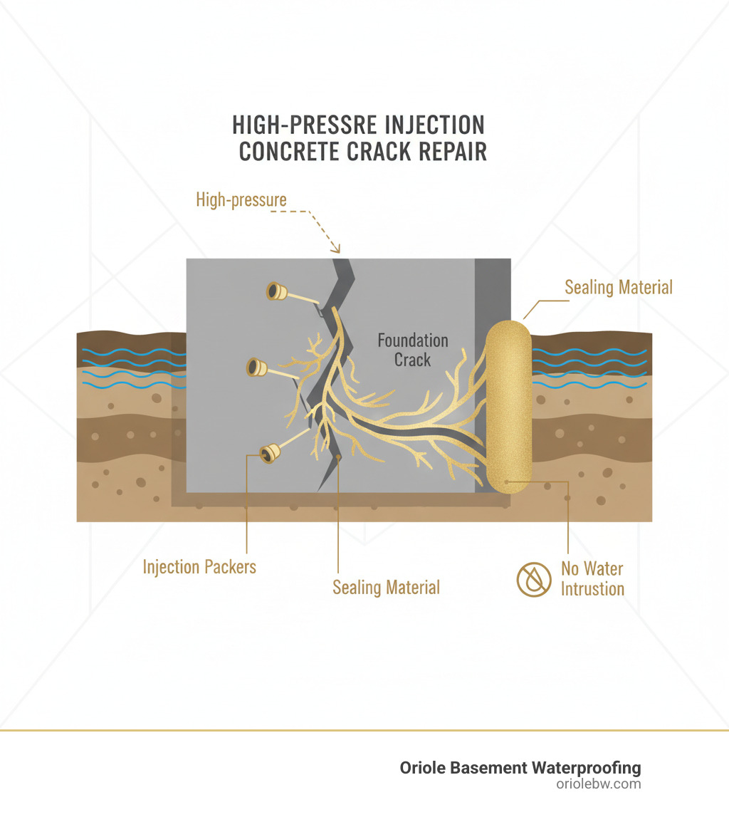 Infographic showing cross-section of foundation wall with crack, injection packer placement, and how high-pressure material flows through the crack from interior to exterior, sealing against soil and water intrusion - high pressure injection concrete crack repair infographic 