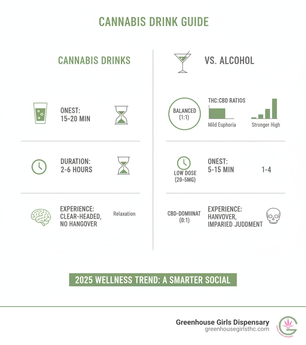 Infographic showing cannabis drink categories with THC/CBD ratios, onset times of 15-20 minutes, duration of 2-6 hours, and comparison to alcohol's 5-15 minute onset but with hangover effects versus cannabis drinks' clear-headed experience - Cannabis drink reviews infographic Infographic showing cannabis drink categories with THC/CBD ratios, onset times of 15-20 minutes, duration of 2-6 hours, and comparison to alcohol's 5-15 minute onset but with hangover effects versus cannabis drinks' clear-headed experience - Cannabis drink reviews infographic