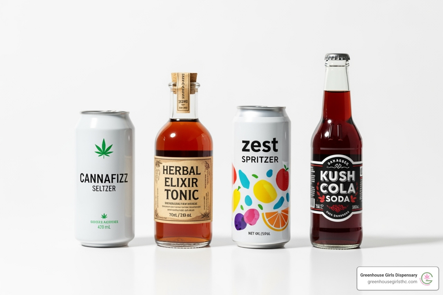 four different types of cannabis drinks lined up, each representing a different category (seltzer, tonic, spritzer, soda) - Cannabis drink reviews four different types of cannabis drinks lined up, each representing a different category (seltzer, tonic, spritzer, soda) - Cannabis drink reviews