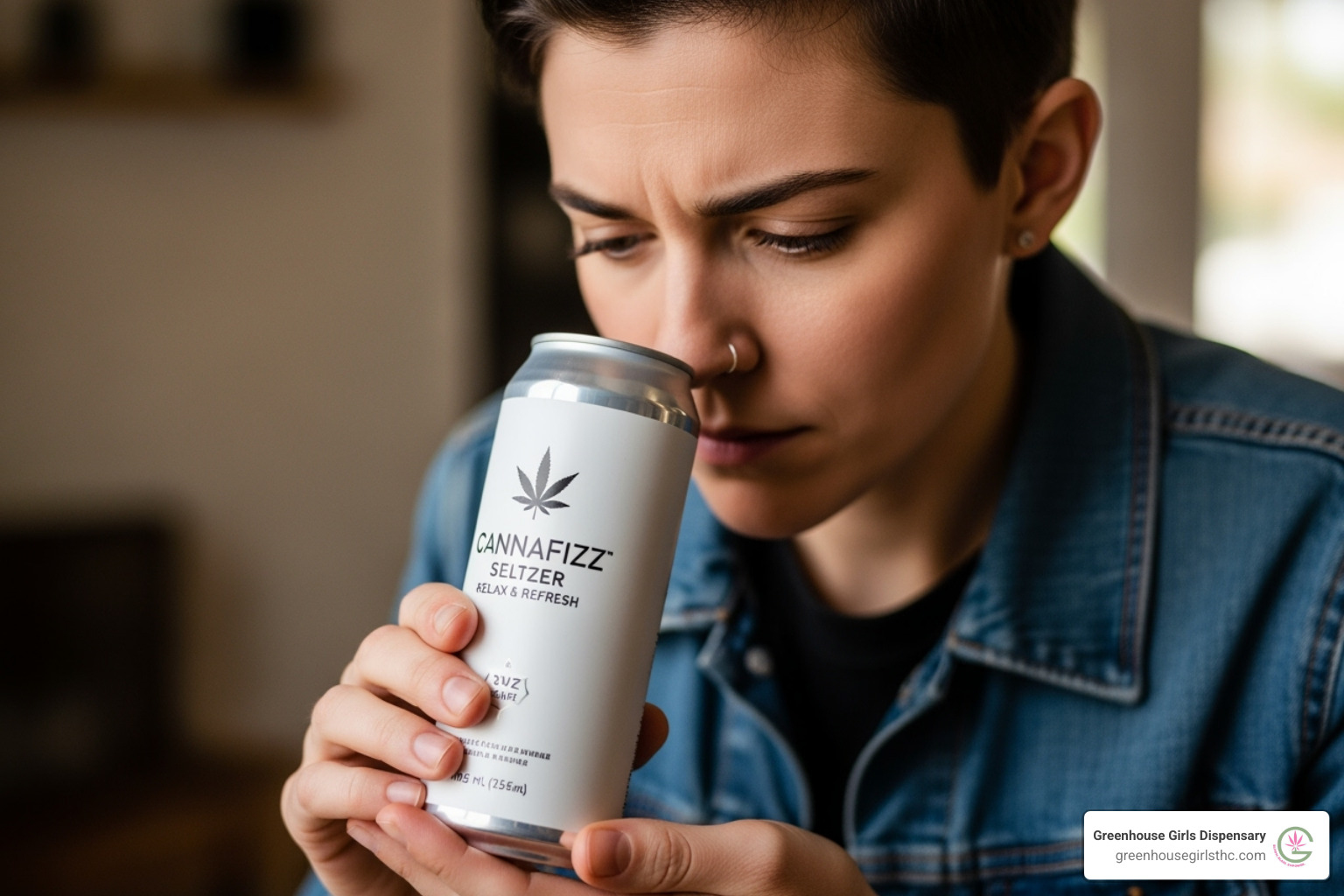 a person closely examining the label on a can of a cannabis seltzer - Cannabis drink reviews a person closely examining the label on a can of a cannabis seltzer - Cannabis drink reviews