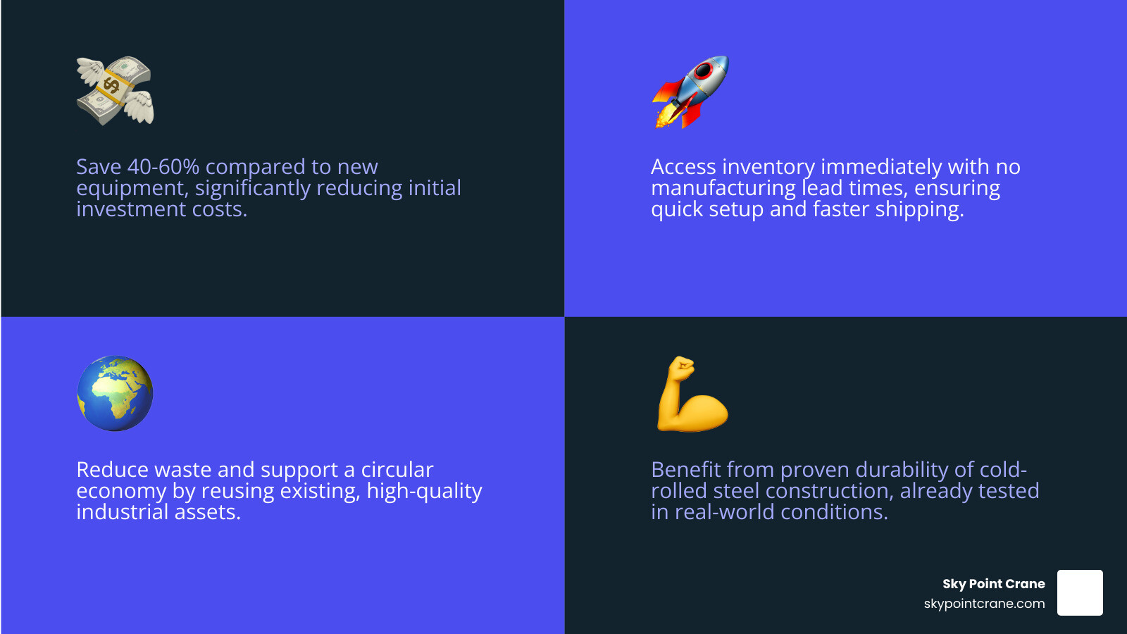 Infographic showing cost comparison between new vs used industrial shelving, environmental benefits of choosing used equipment, and immediate availability advantages with shipping timelines - used industrial shelving for sale infographic 4_facts_emoji_blue Infographic showing cost comparison between new vs used industrial shelving, environmental benefits of choosing used equipment, and immediate availability advantages with shipping timelines - used industrial shelving for sale infographic 4_facts_emoji_blue